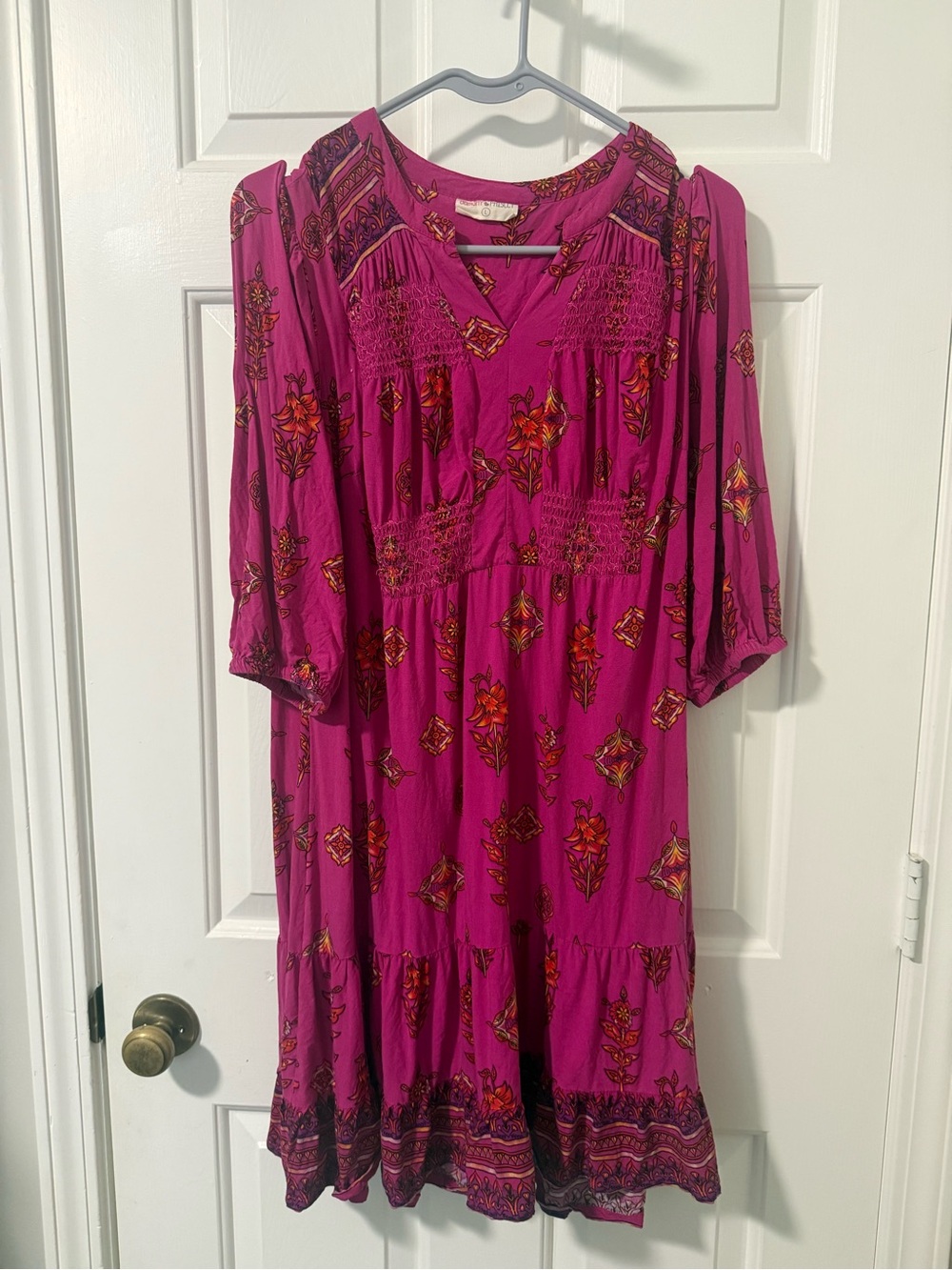 Bohemian V-Neck Midi Dress in Fuchsia Floral